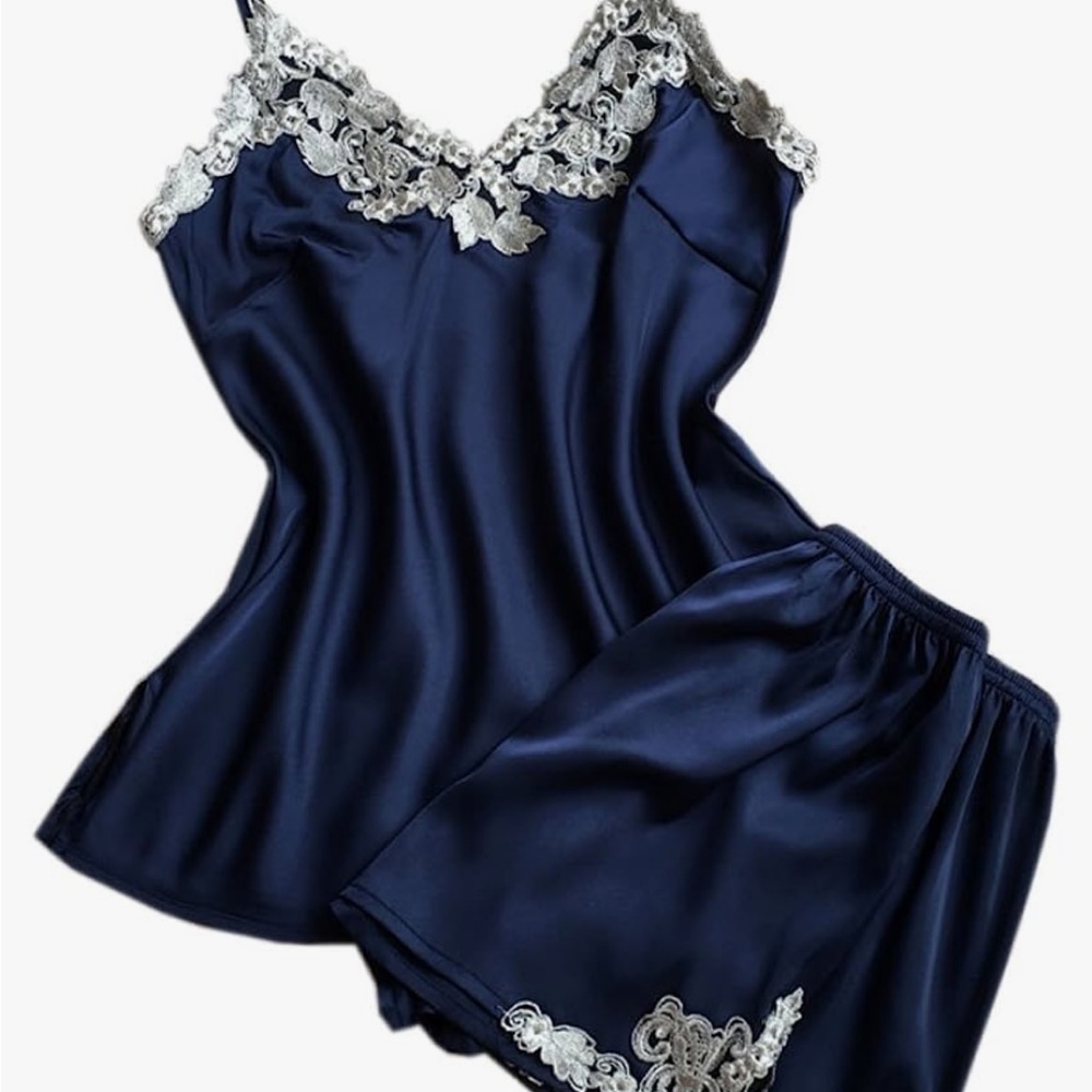 Silky Navy Lace Matching Pajama Set